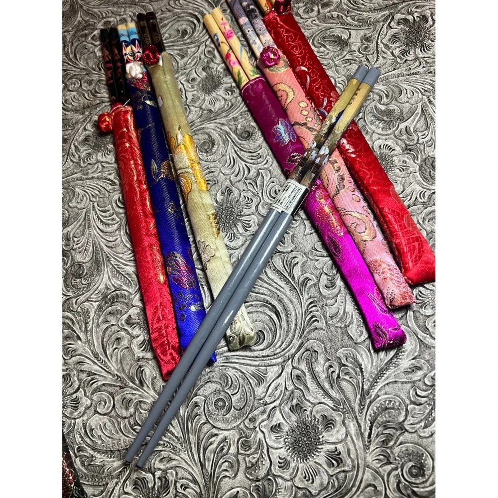 Vintage‎ Asian Bamboo Chopsticks Set of 7 Silk Brocade Sleeves Hand Painted 9in!